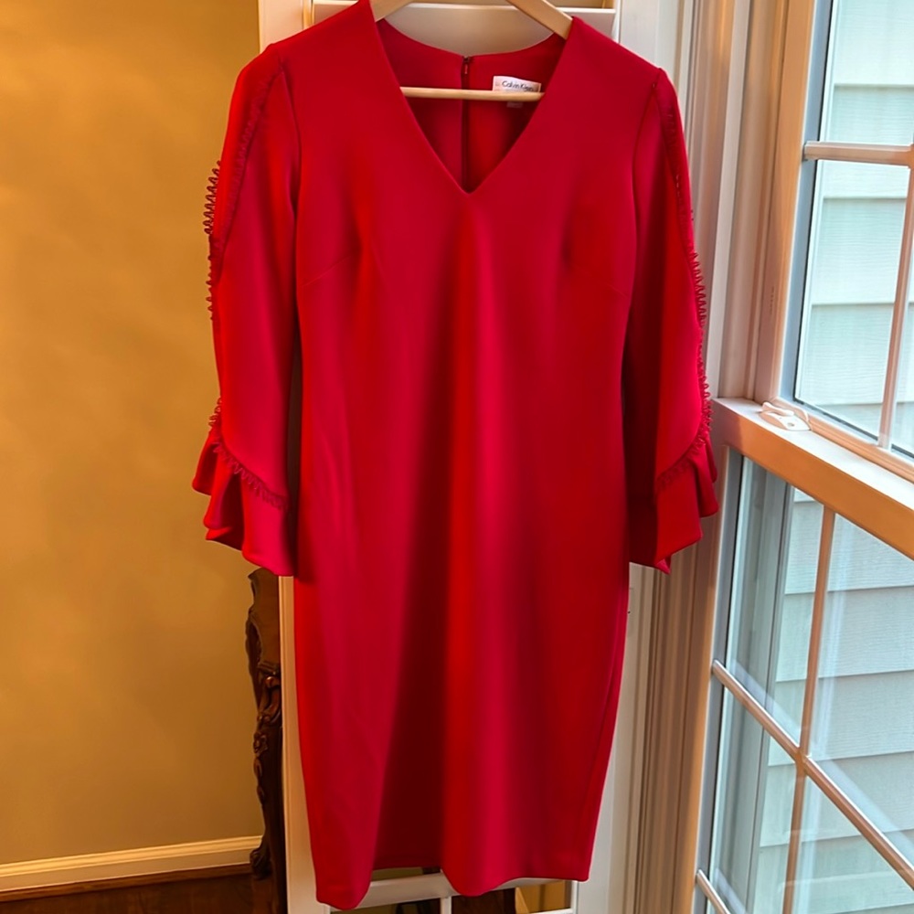 Calvin Klein Red V Neck Holiday Flare Sleeve Midi Dress 4